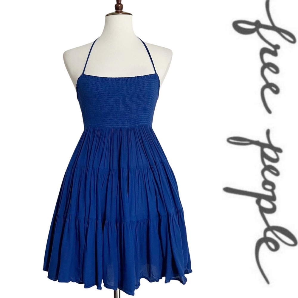 Free‎ People Simply Smocked Mini Dress Blue Tiered Halter Sleeveless Size XS